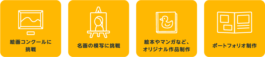 絵画コンクールに挑戦／名画の模写に挑戦／絵本やマンガなど、オリジナル作品制作／ポートフォリオ制作